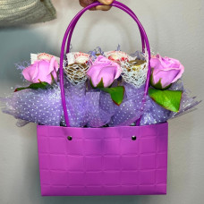 BS1-015 Purple bag with Raffaello, Montblanc, and soapy roses diameter 22 cm, height 30 cm.